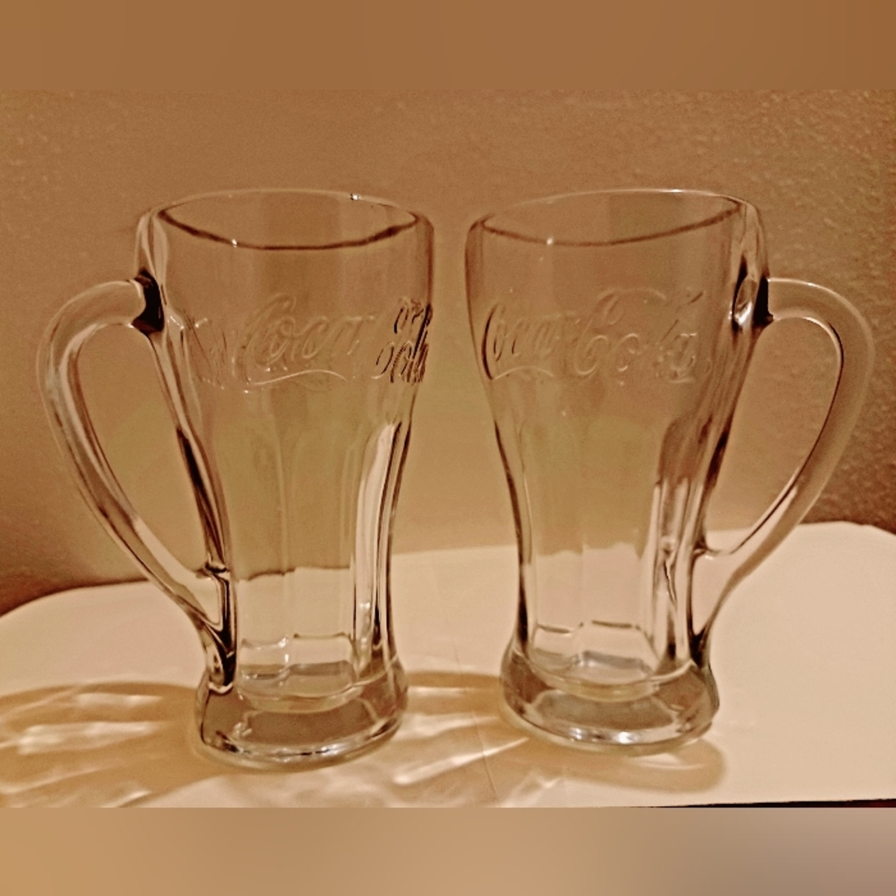 2-pcs Coca-Cola Coke Libbey Thick Glass Malt Soda Float Clear Mug w/ Handle